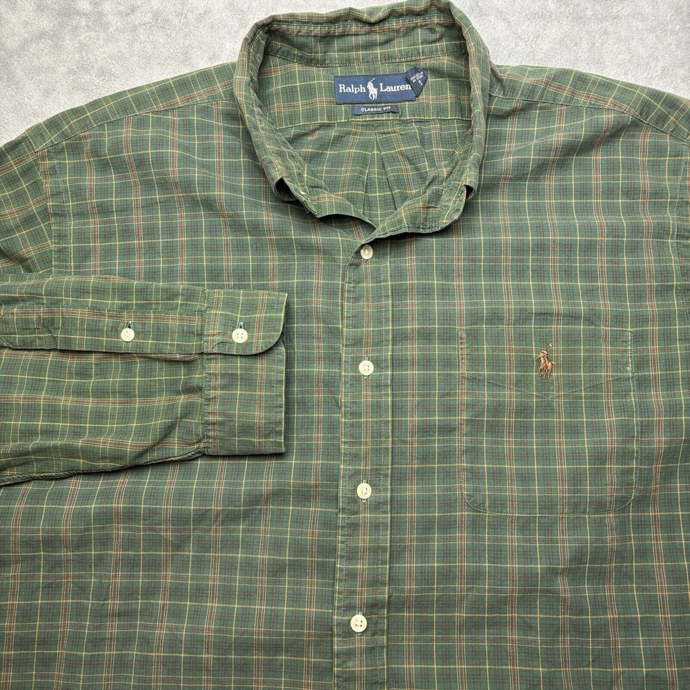 Ralph Lauren‎ Shirt Mens XXL Green Brown Pony Plaid Button Up Classic Fit Oxford
